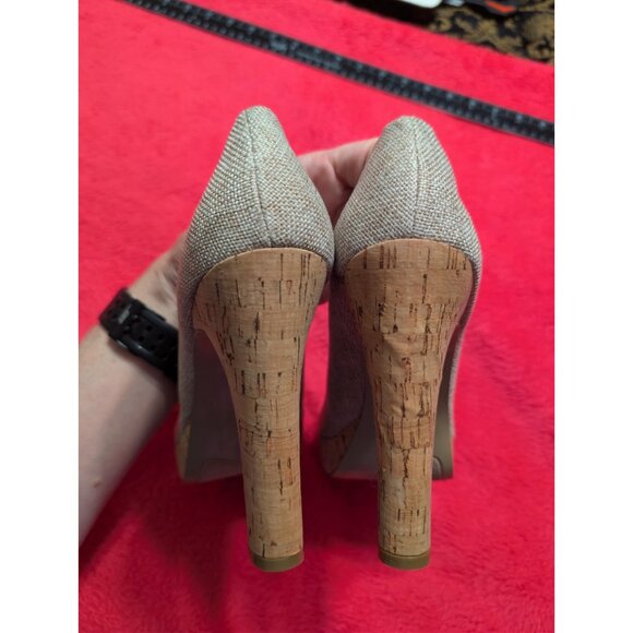 NINE WEST Ample 1210 Cork Platform Pumps Heels Beige Textile 5" Heel 10M - Picture 8 of 10
